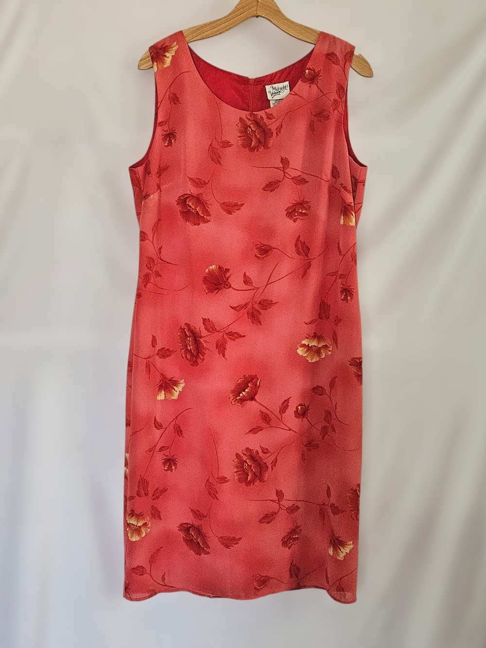 Vintage 90s Midnight Velvet Coral Red Floral Sleeveless Shift Dress Womens 10